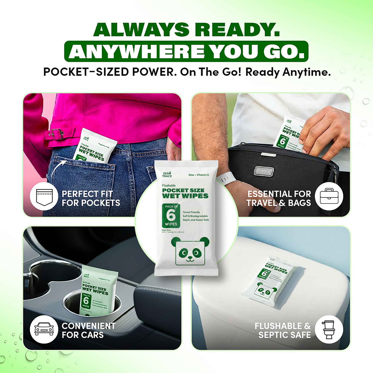 Zero Trace Flushable Pocket Wipes with Aloe & Vitamin E are shown in a pocket, bag, car cup holder, and by a toilet, demonstrating the portable convenience of Zero Trace wipes for sensitive skin.