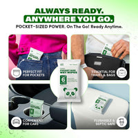 Zero Trace Flushable Pocket Wipes with Aloe & Vitamin E are shown in a pocket, bag, car cup holder, and by a toilet, demonstrating the portable convenience of Zero Trace wipes for sensitive skin.