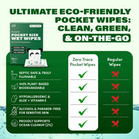 Comparison chart of Zero Trace Flushable Pocket Wipes with Aloe & Vitamin E and regular wipes, highlighting flushability, plant-based materials, and gentle care for sensitive skin—with all positives for Zero Trace.