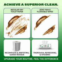 Compare dirty toilet paper to Zero Trace Flushable Pocket Wipes with Aloe & Vitamin E: icons show paper as incomplete vs. wipes as thorough and hygienic—upgrade to gentle, eco-friendly Zero Trace wipes for sensitive skin.