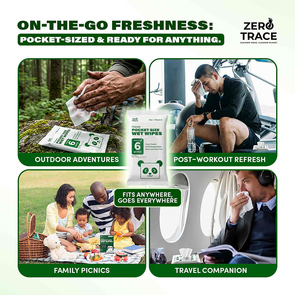 Promotional image for Zero Trace Flushable Pocket Wipes with Aloe & Vitamin E, ideal for sensitive skin and convenient outdoor adventures, travel, workouts, and family picnics—biodegradable, gentle care from Zero Trace.