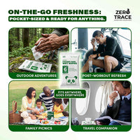 Promotional image for Zero Trace Flushable Pocket Wipes with Aloe & Vitamin E, ideal for sensitive skin and convenient outdoor adventures, travel, workouts, and family picnics—biodegradable, gentle care from Zero Trace.