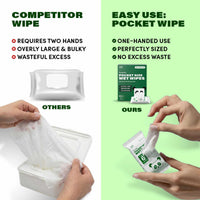 Split image: a bulky wet wipe pack needing two hands (left) vs. Zero Trace Flushable Pocket Wipes with Aloe & Vitamin E—compact, one-hand use, gentle for sensitive skin (right). Highlights easy use, less waste, and soothing care.