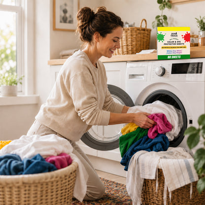 A woman kneels and loads colorful laundry into a front-loading washing machine, with laundry baskets nearby and a box of Zero Trace Color & Dye Protector Sheets on top of the machine.