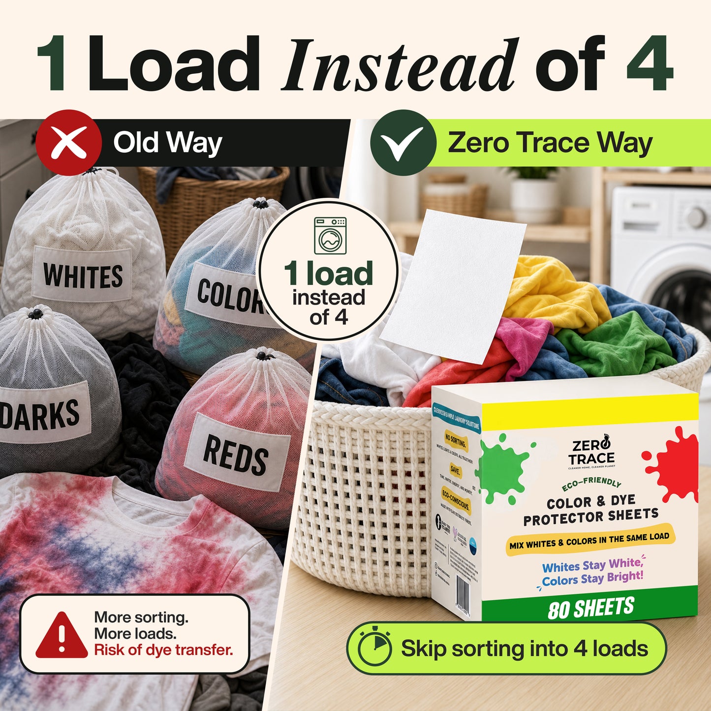 A comparison of laundry sorting: the old way requires separate bags for whites, colors, darks, and reds; the new way uses Zero Trace Color & Dye Protector Sheets with advanced dye-lock technology to mix all clothes in one load. These biodegradable sheets prevent color runs, making laundry simpler and more eco-friendly.