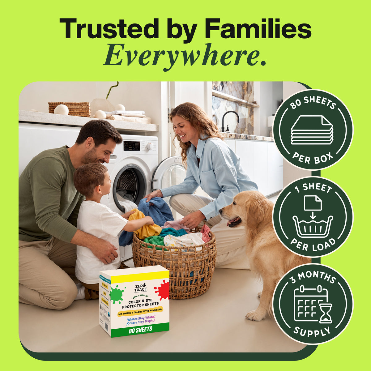 A family and their dog do laundry together in a sunlit room with a basket of clothes. In the foreground, a box of Zero Trace Color & Dye Protector Sheets with dye-lock technology appears alongside product feature icons.
