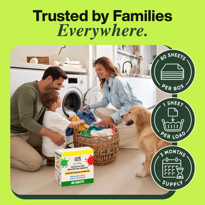 A family and their dog do laundry together in a sunlit room with a basket of clothes. In the foreground, a box of Zero Trace Color & Dye Protector Sheets with dye-lock technology appears alongside product feature icons.