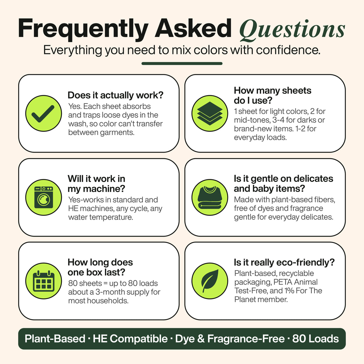 Zero Trace Color & Dye Protector Sheets FAQ: Discover our advanced color-mixing laundry solution, designed for use with all washing machines. These gentle, eco-friendly sheets feature a biodegradable, plant-based formula and utilize cutting-edge dye-lock technology to protect clothes in every wash. Safe for large loads, they are completely dye-free and fragrance-free—ensuring lasting freshness without compromise.