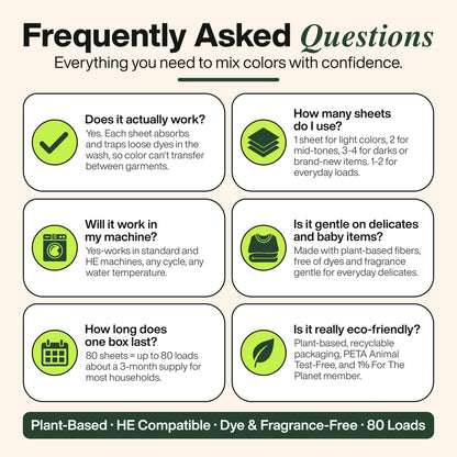 Zero Trace Color & Dye Protector Sheets FAQ: Discover our advanced color-mixing laundry solution, designed for use with all washing machines. These gentle, eco-friendly sheets feature a biodegradable, plant-based formula and utilize cutting-edge dye-lock technology to protect clothes in every wash. Safe for large loads, they are completely dye-free and fragrance-free—ensuring lasting freshness without compromise.