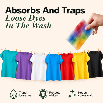 Hand holding a Zero Trace Color & Dye Protector Sheet above six colorful shirts on a clothesline, with icons highlighting dye trapping, protecting whites, and keeping colors bright using innovative dye-lock technology.