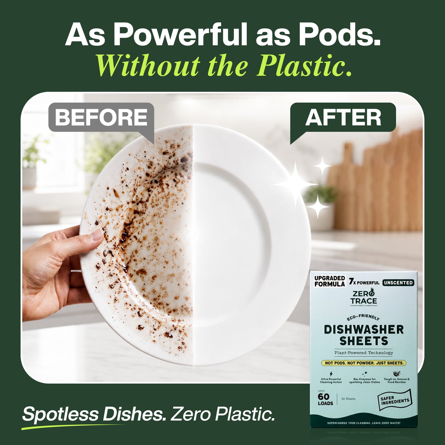 A hand holds a plate—one side spotless, the other still dirty—with a box of Zero Trace Dish Washer Sheets displayed beneath. The text highlights the difference in cleaning power before and after using these plastic-free, plant-based dishwasher sheets.