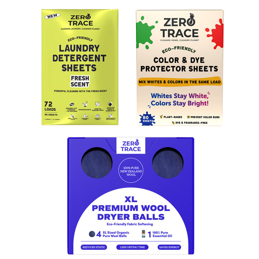 Zero Trace’s Laundry Starter Bundle provides plastic-free laundry with biodegradable detergent sheets, Color & Dye Protector Sheets, and XL Premium Wool Dryer Balls for an eco-friendly clean.