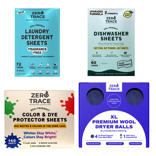 Zero Trace's Sustainable Home Hero Pack includes laundry detergent sheets, dishwasher sheets, color & dye protector sheets, and XL premium wool dryer balls, each in its own packaging.