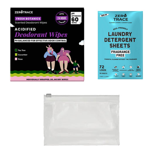 The Zero Trace Travel-Ready Clean Kit includes TSA-safe scented deodorant wipes, plastic-free fragrance-free laundry detergent sheets, and an empty clear resealable plastic bag.
