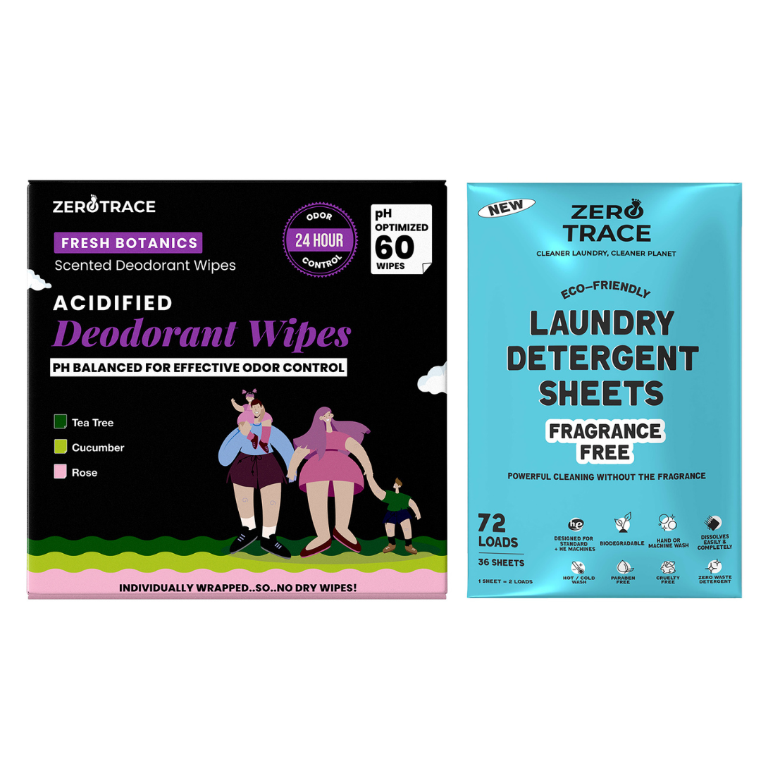 The Zero Trace Fresh & Free Travel Duo includes 60 plastic-free deodorant wipes in Fresh Botanics scent and 72 fragrance-free laundry detergent sheets—ideal for TSA-safe, eco-friendly travel.