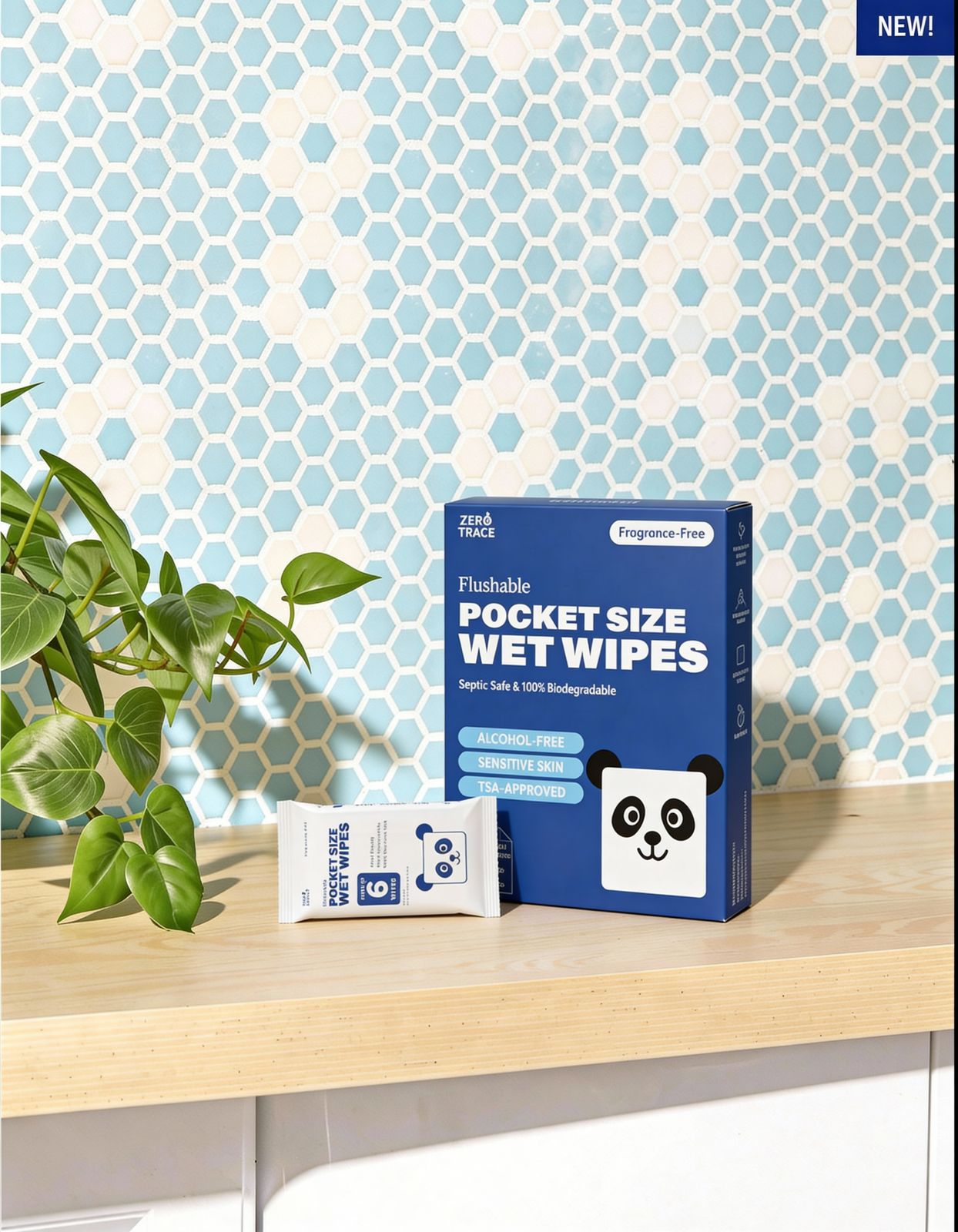 A box and packet of Zero Trace FLUSHABLE MINI WIPES, featuring a panda logo, sit on a white countertop in front of a blue hexagonal tile wall.