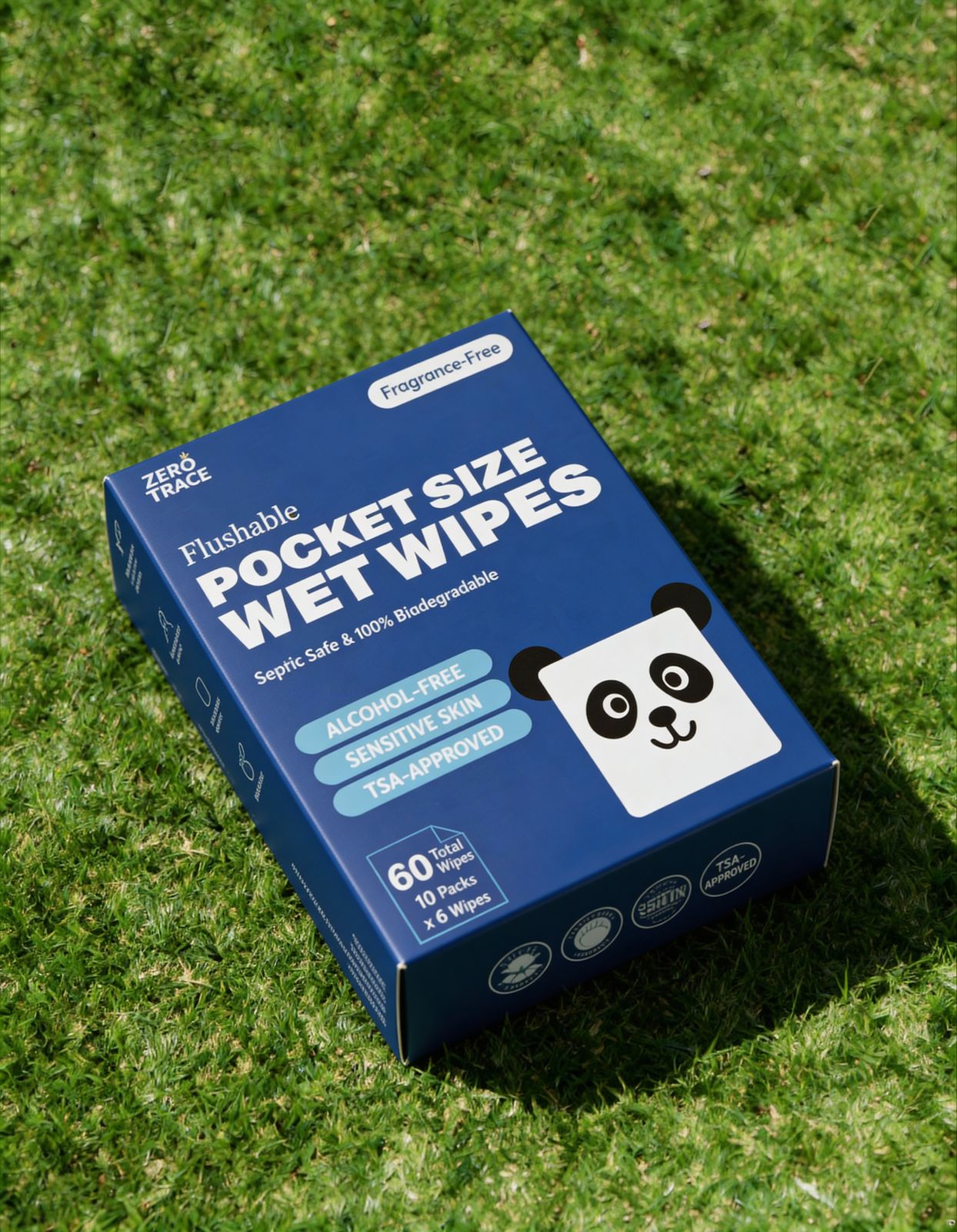 A blue box of Zero Trace FLUSHABLE MINI WIPES featuring a panda sits on green grass. The eco-friendly travel wipes are fragrance free, alcohol free, biodegradable, and TSA approved.