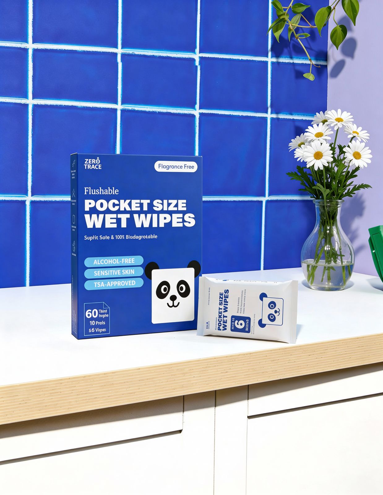 A box and pack of Zero Trace FLUSHABLE MINI WIPES with a panda logo sit on a white table beside daisies, against a blue tiled wall. These eco-friendly, biodegradable wipes offer freshness on the go.
