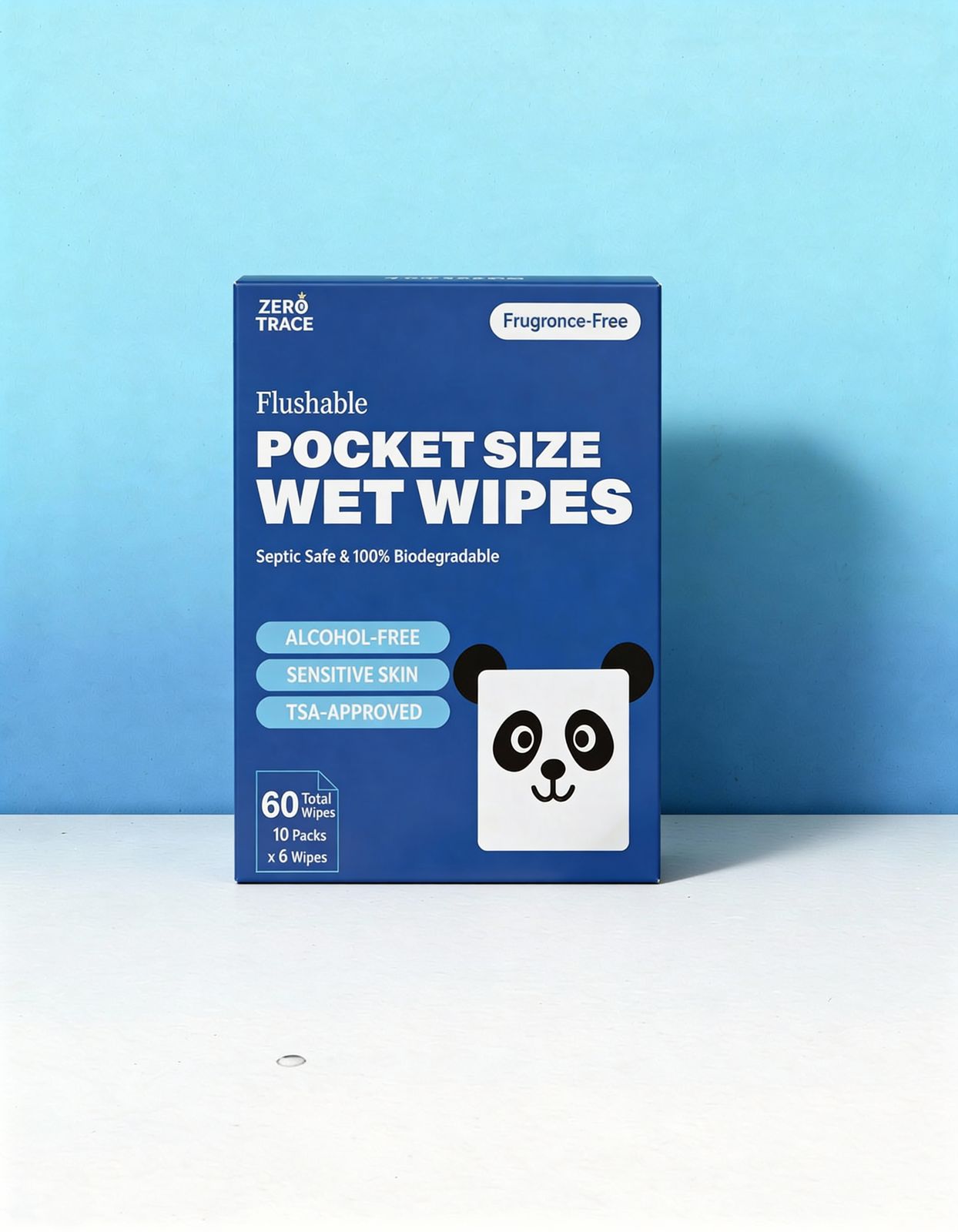 A blue box labeled "FLUSHABLE MINI WIPES" by Zero Trace with a panda illustration, featuring eco-friendly, alcohol-free wipes for sensitive skin; TSA-approved and contains 60 pocket-sized wipes.