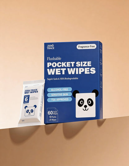 A box and small pack of Zero Trace FLUSHABLE MINI WIPES with a panda design—fragrance-free, alcohol-free, TSA-approved, flushable, gentle on sensitive skin, and eco-friendly—are perfect pocket wipes for travel.
