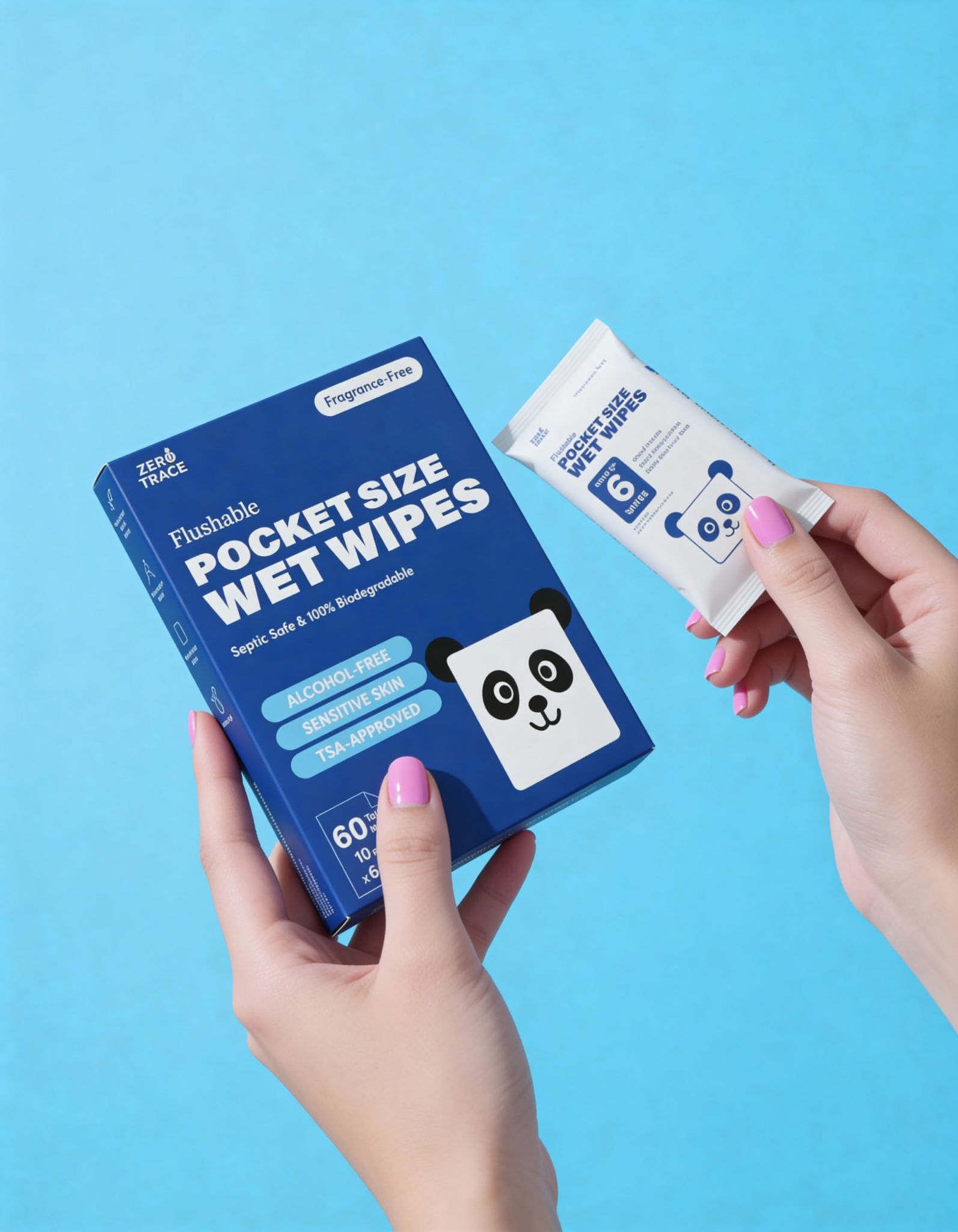 A person holds a box of Zero Trace FLUSHABLE MINI WIPES in one hand and a single wipe packet in the other, set against a blue background.