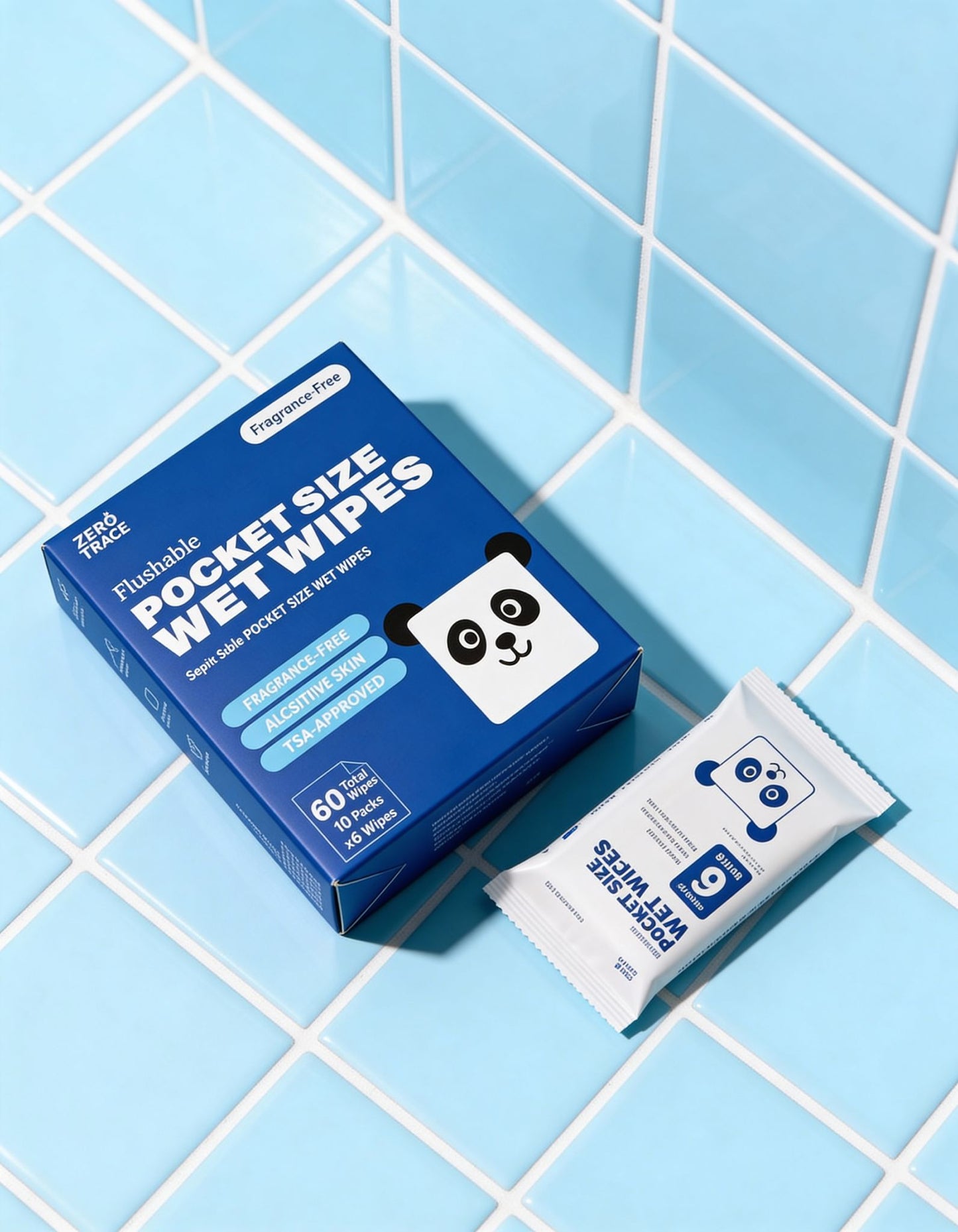 A box and packet of Zero Trace FLUSHABLE MINI WIPES with a panda design rest on blue and white tiles—eco-friendly, pocket-sized, and perfect for sensitive skin on the go.