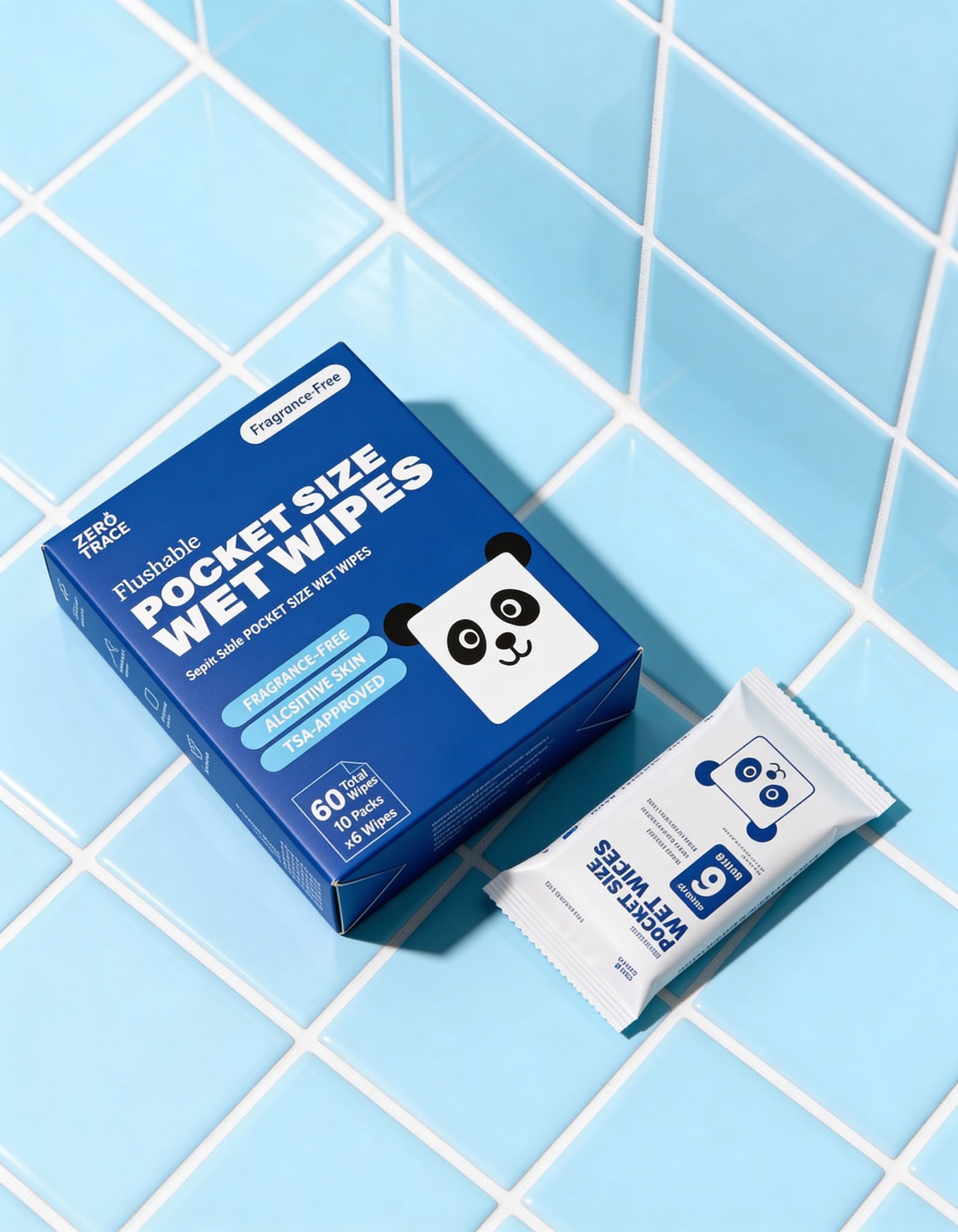 A box and packet of Zero Trace FLUSHABLE MINI WIPES with a panda design rest on blue and white tiles—eco-friendly, pocket-sized, and perfect for sensitive skin on the go.