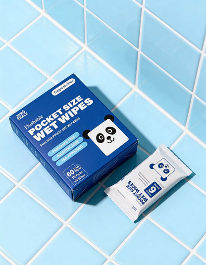 A box and packet of Zero Trace FLUSHABLE MINI WIPES with a panda design rest on blue and white tiles—eco-friendly, pocket-sized, and perfect for sensitive skin on the go.