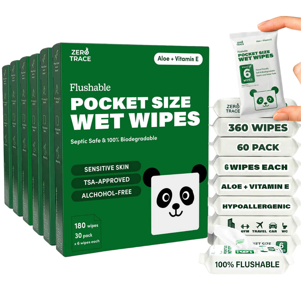 A display of Zero Trace Flushable Pocket Wipes with Aloe & Vitamin E—ideal for sensitive skin. Six packs of 30 biodegradable, alcohol-free, hypoallergenic wipes per pack from Zero Trace.