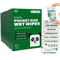 A display of Zero Trace Flushable Pocket Wipes with Aloe & Vitamin E—ideal for sensitive skin. Six packs of 30 biodegradable, alcohol-free, hypoallergenic wipes per pack from Zero Trace.